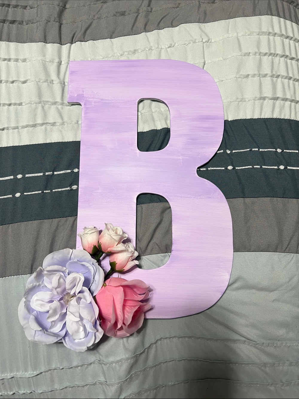 Handmade Lavender Wooden Letter “B” with Floral Accents